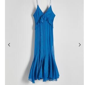 Reserved Azure Blue Slip Midi Dress Ruffle Hem Bias Cut Spaghetti Strap S